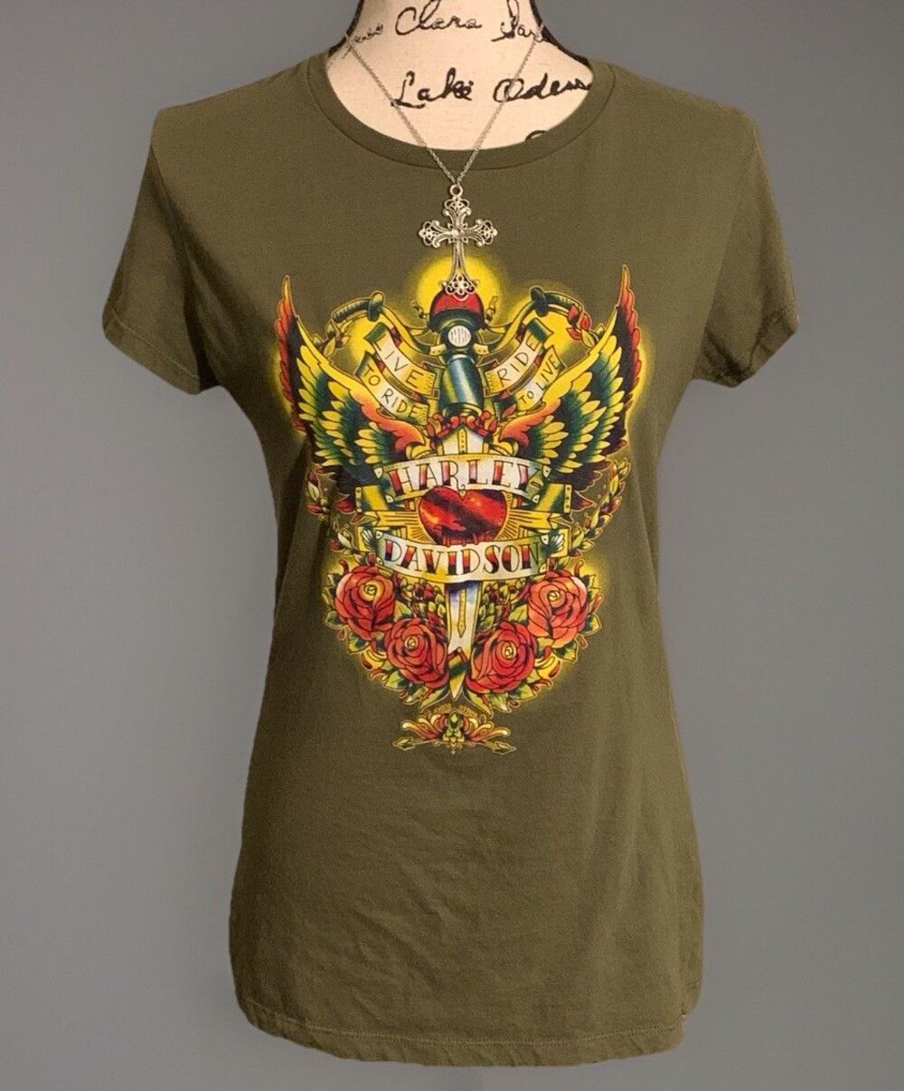 Vintage Y2K Harley Davidson Graphic T Juniors XL Green Shirt Biker